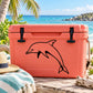Dolphin jumping decal with black outline on orange cooler