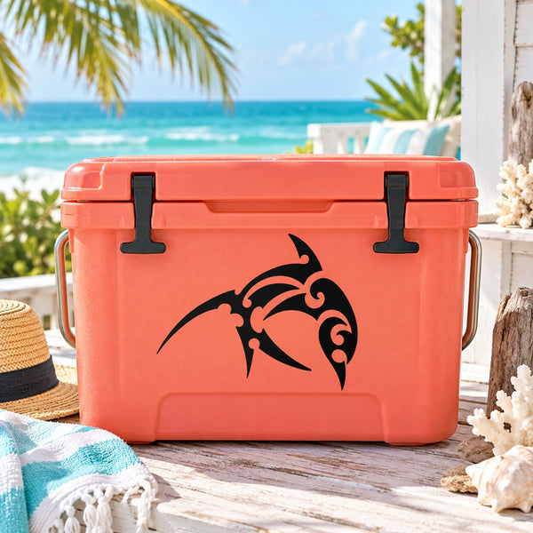 Tribal Samoan dolphin decal, black tribal dolphin head on orange cooler front