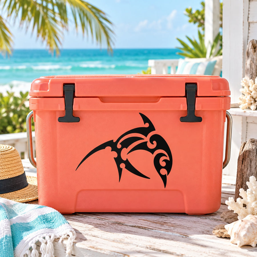 Tribal Samoan dolphin decal, black tribal dolphin head on orange cooler front