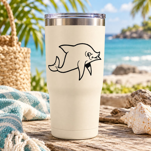 Cartoon dolphin decal on cream tumbler, smiling dolphin with fin and wave outline