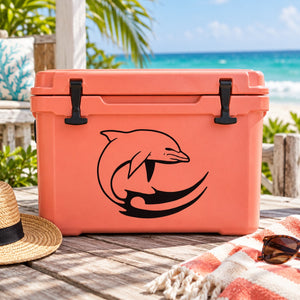 Dolphin fin decal in black on orange cooler lid