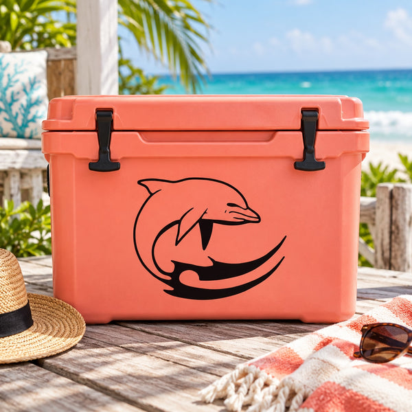 Dolphin fin decal in black on orange cooler lid