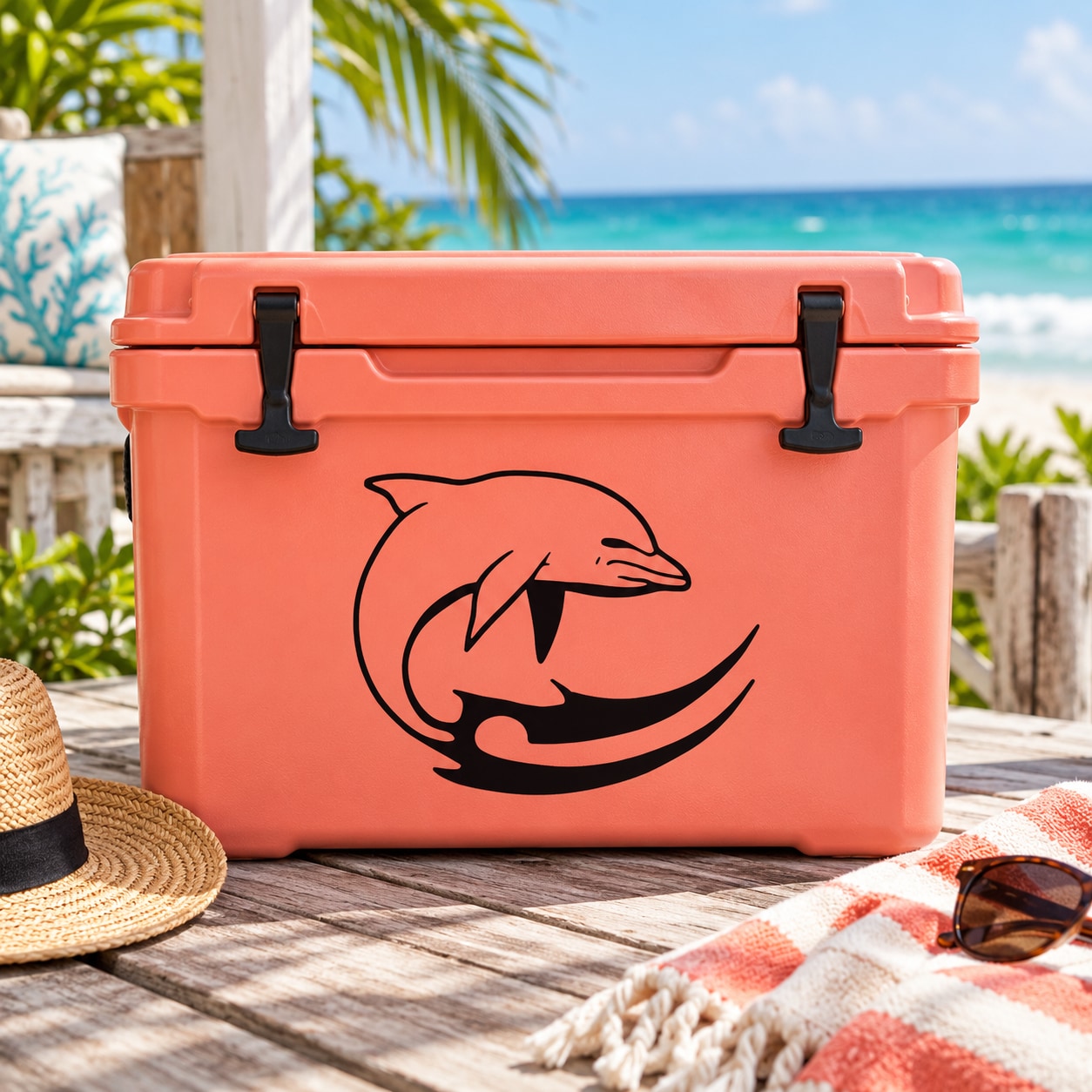 Dolphin fin decal in black on orange cooler lid