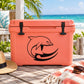 Dolphin fin decal in black on orange cooler lid