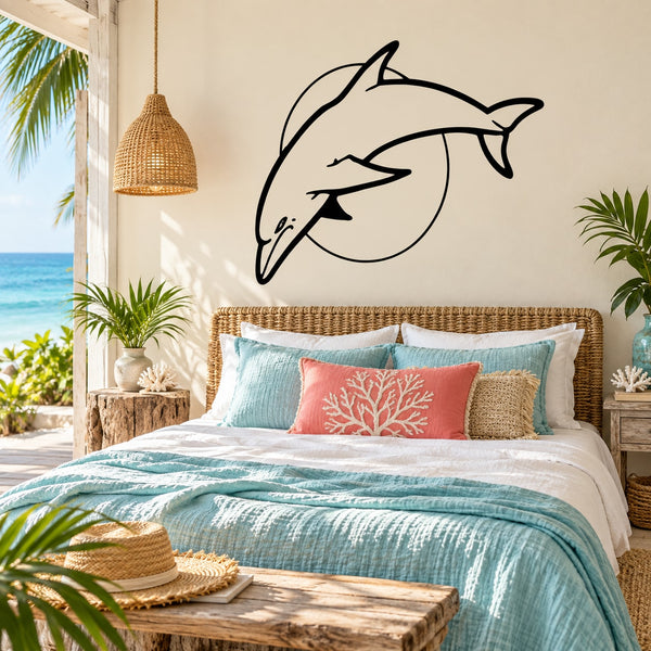 Dolphin diving and moon with sun wall decal, black outline on light background