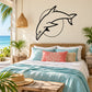 Dolphin diving and moon with sun wall decal, black outline on light background