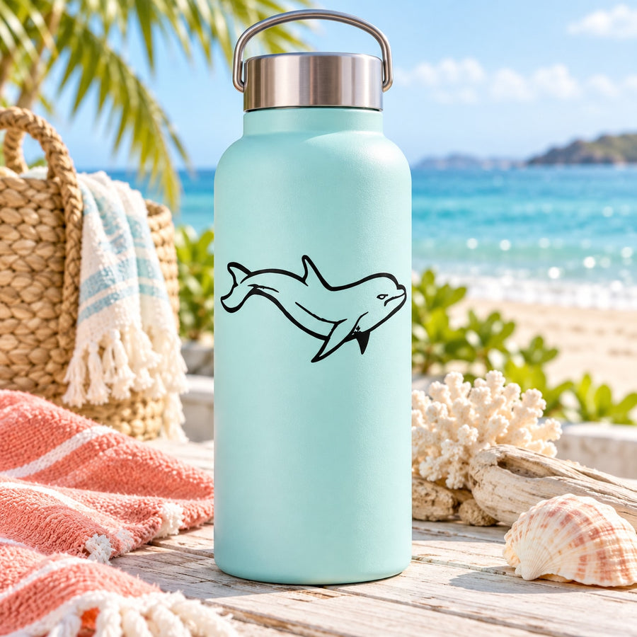 Seafoam water bottle with black dolphin decal on the front