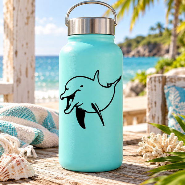 Teal water bottle with dolphin decal and cheerful greeting design