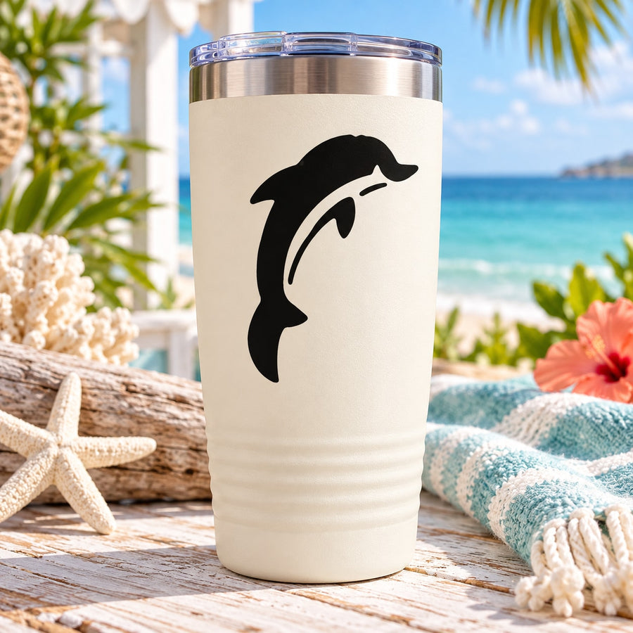 White tumbler with black dolphin decal