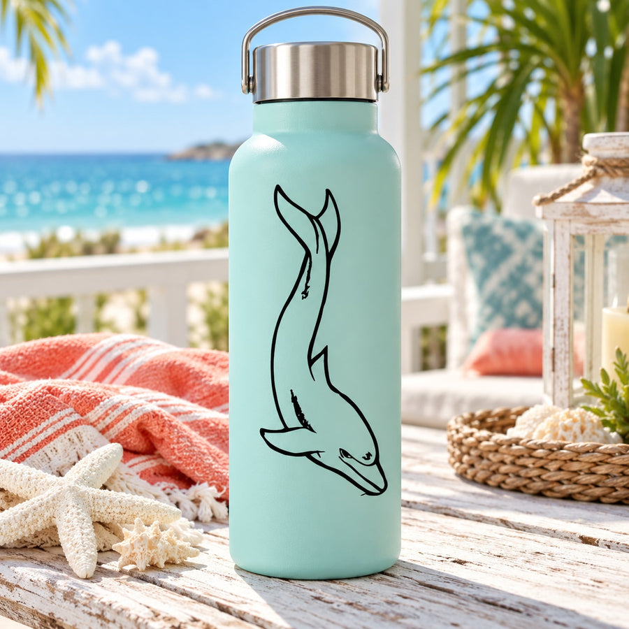 Aqua water bottle with black dolphin decal graphic