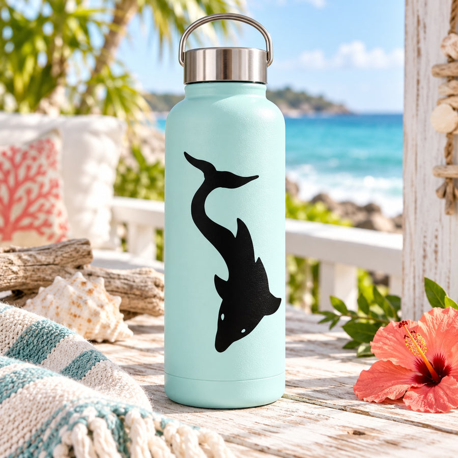 Black dolphin silhouette decal on light blue water bottle