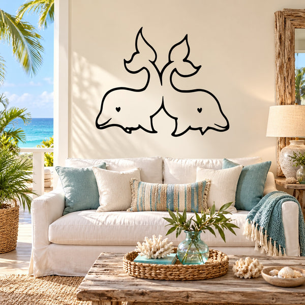 Kids dolphin best-friends wall decal: two black dolphins with small heart details