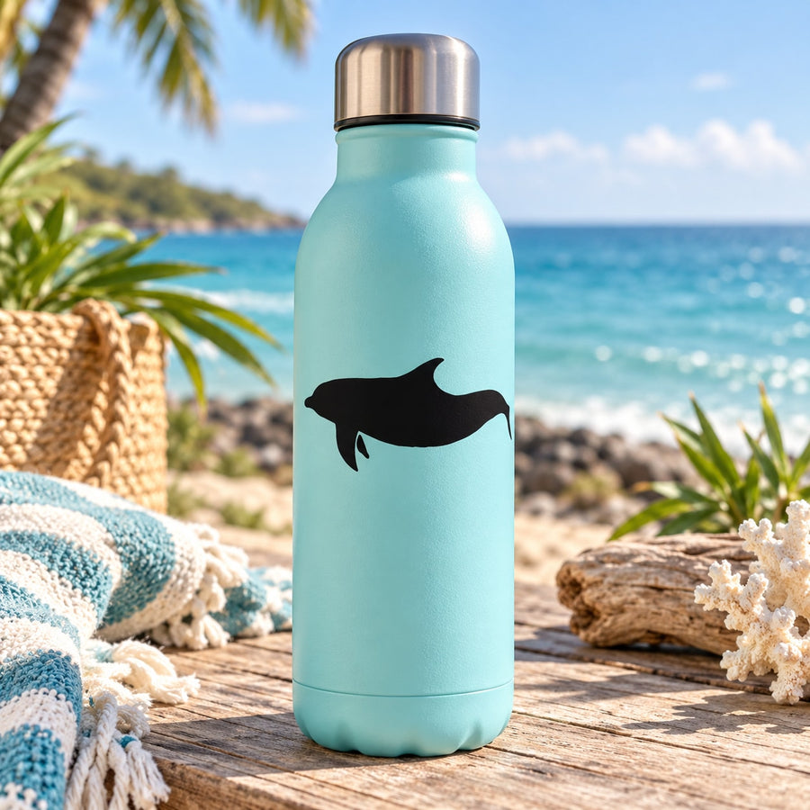 Dolphin hunting decal with black dolphin silhouette on water bottle