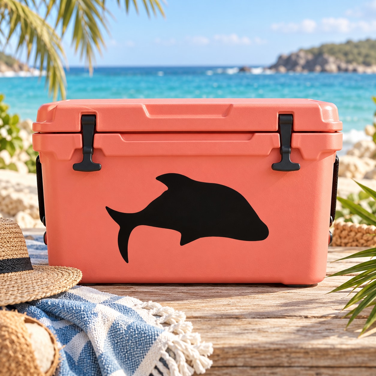 Commerson's dolphin decal on a dark dolphin silhouette on an orange cooler lid