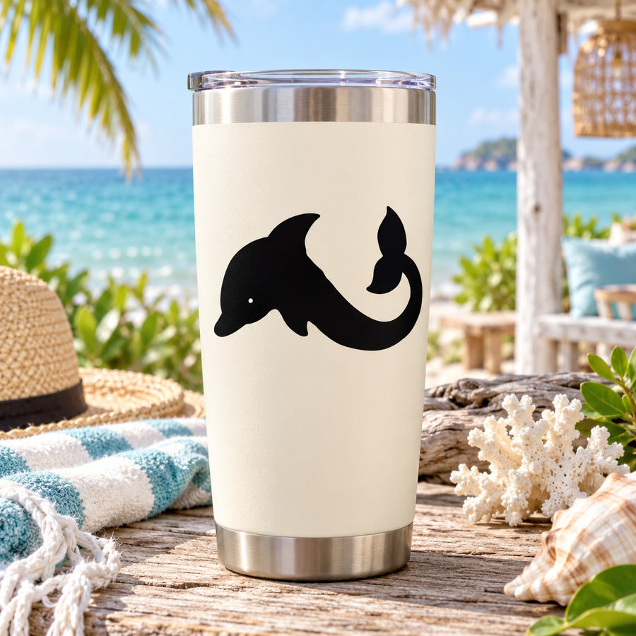 White tumbler with black dolphin decal and silver lid