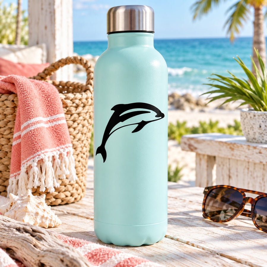 Leaping dolphin decal with black silhouette on aqua water bottle