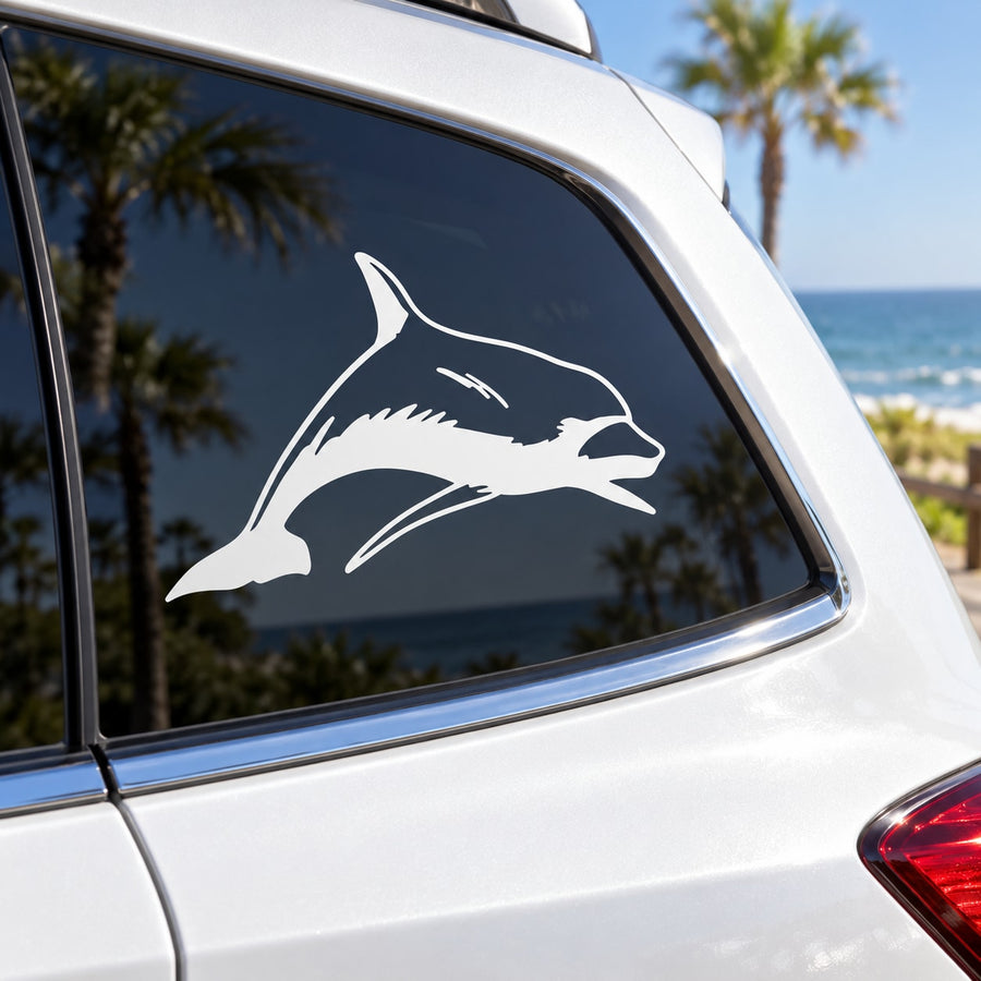 Dolphin swimming forward decal in white on a car window