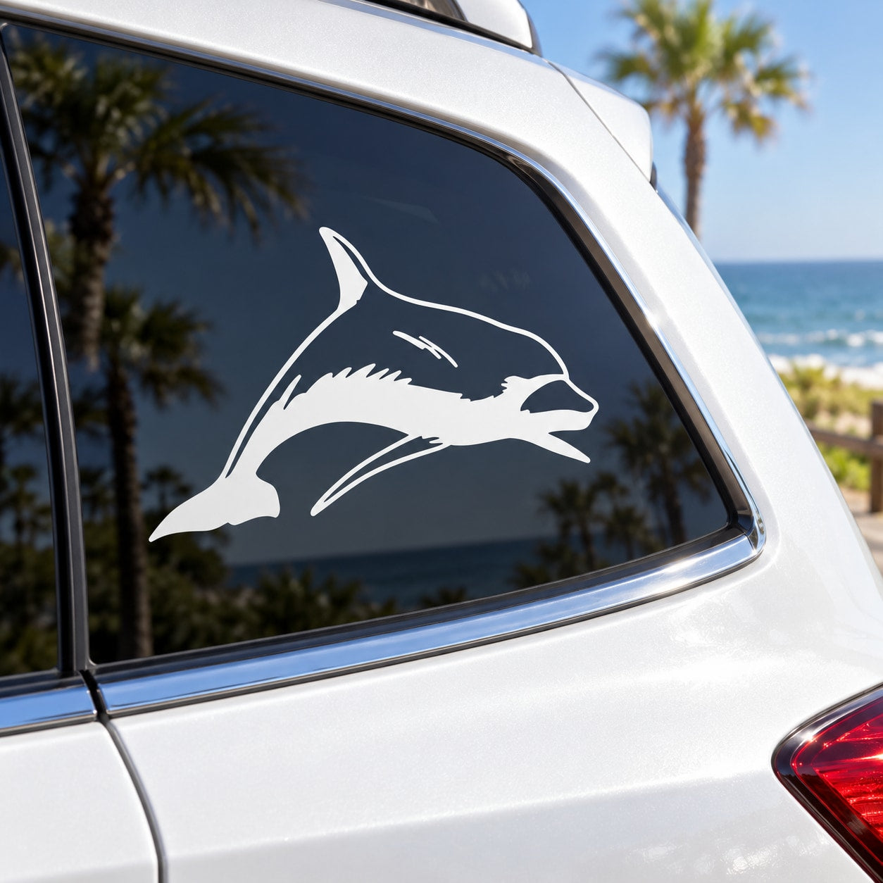 Dolphin swimming forward decal in white on a car window