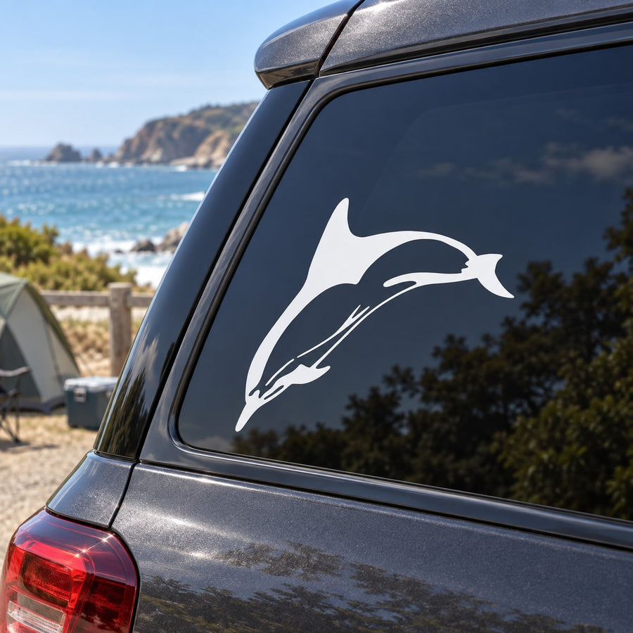 Bottlenose dolphin diving decal sticker, white dolphin silhouette on dark car window