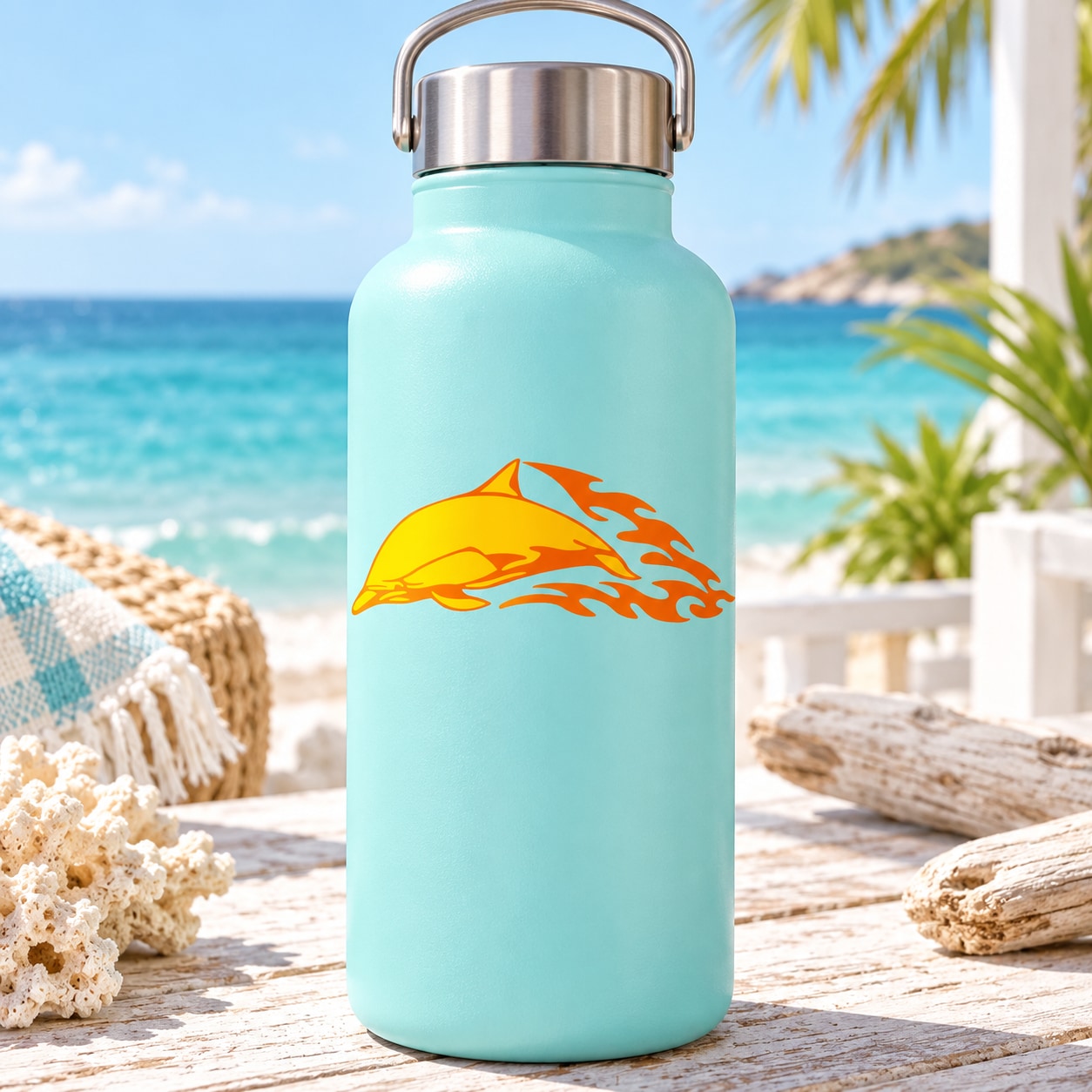 Orange dolphin sticker on light blue plastic water bottle