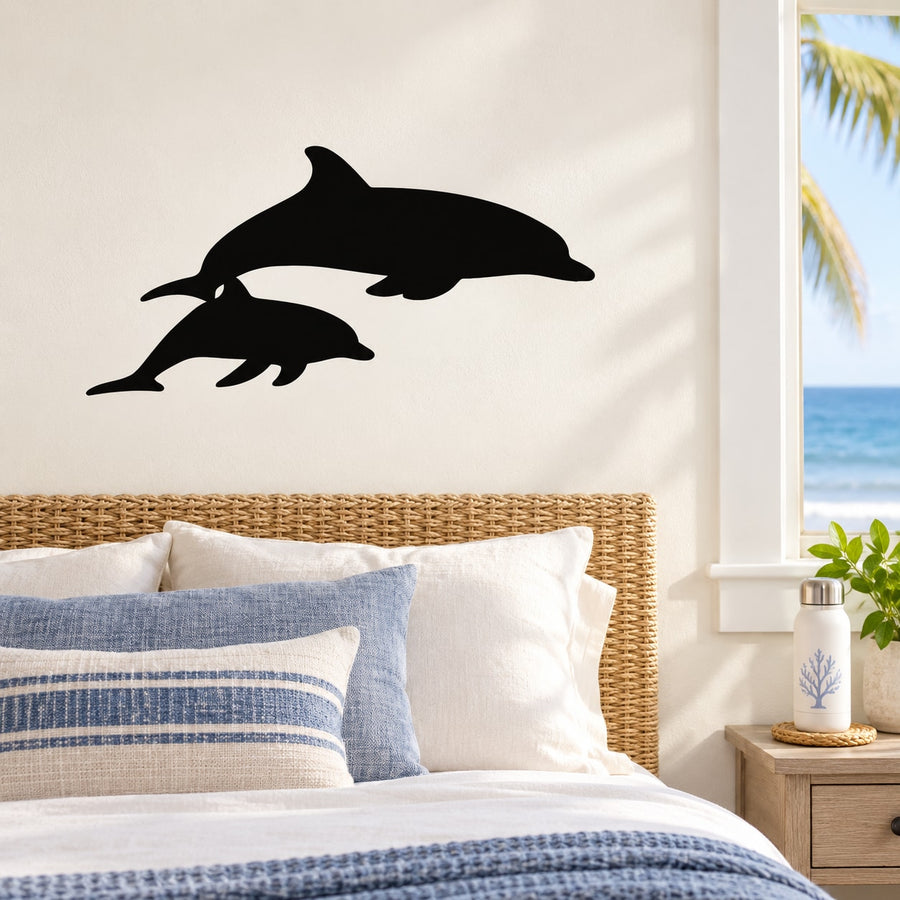 Black swimming dolphin and calf wall decal silhouette
