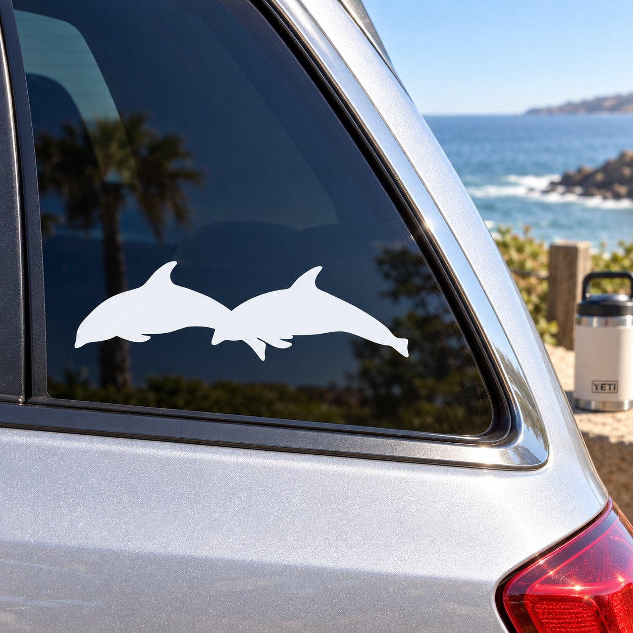 Car window dolphin decal, white double diving design