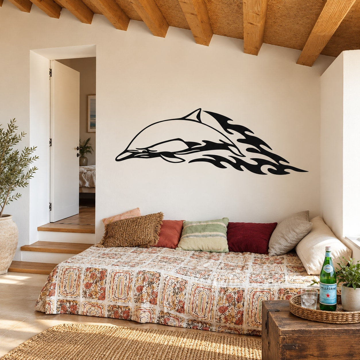 Black and white dolphin wall decal with stylized flame tail