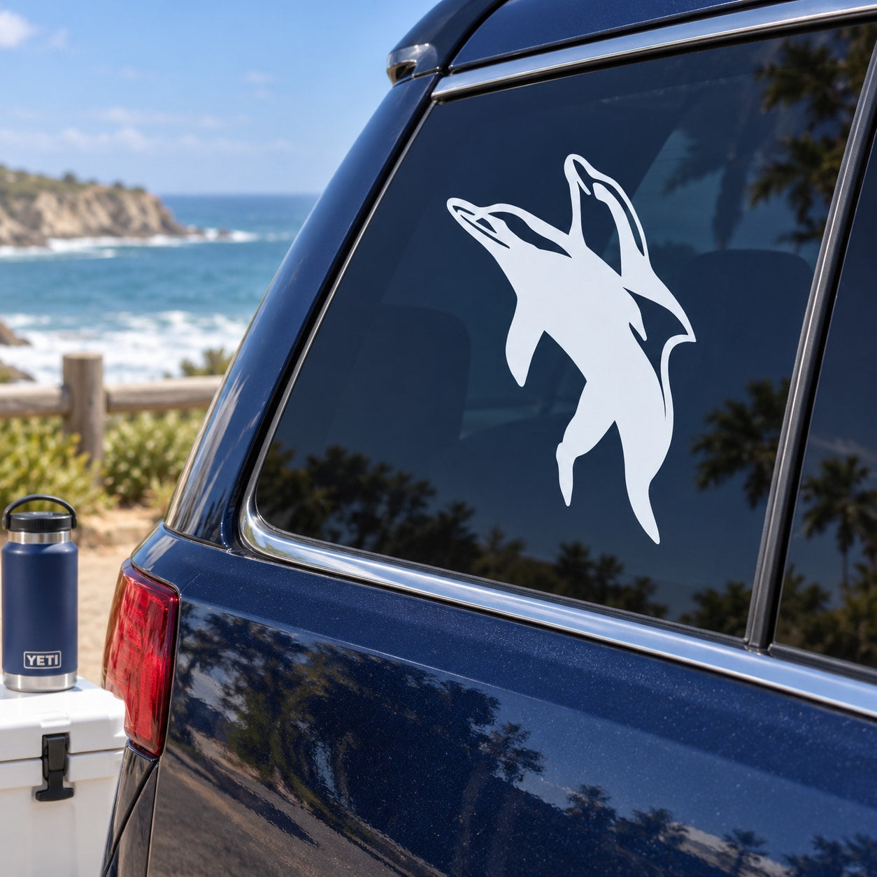 White dolphin couple mating decal on dark car rear window