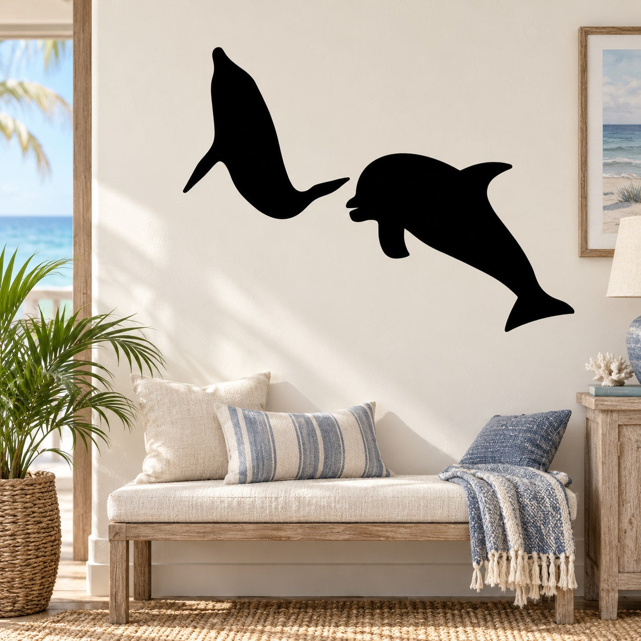 Two dolphins swimming decal with black silhouette pair