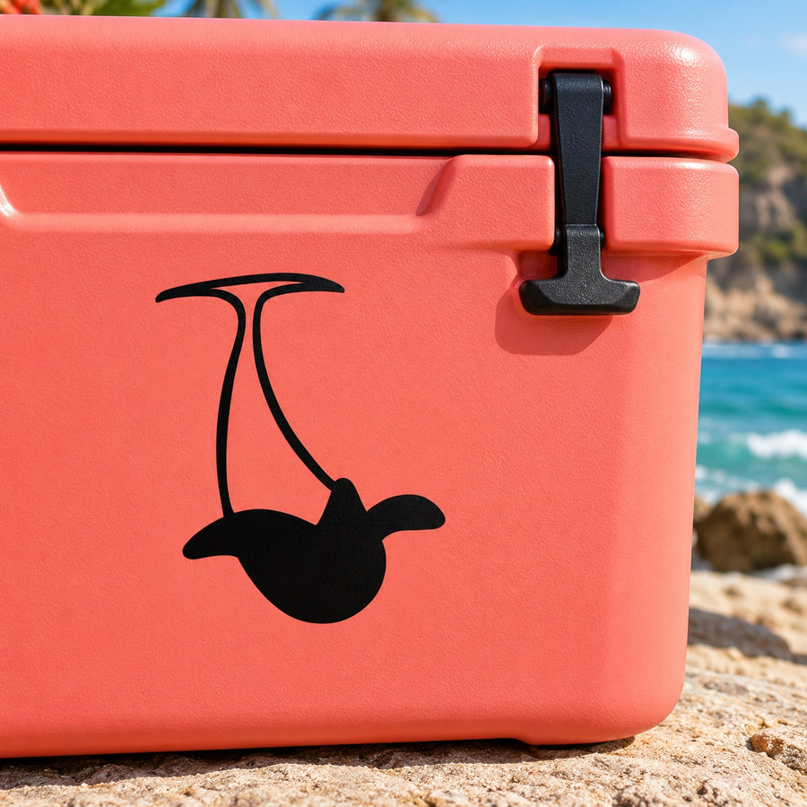 Black upside-down dolphin decal on coral cooler