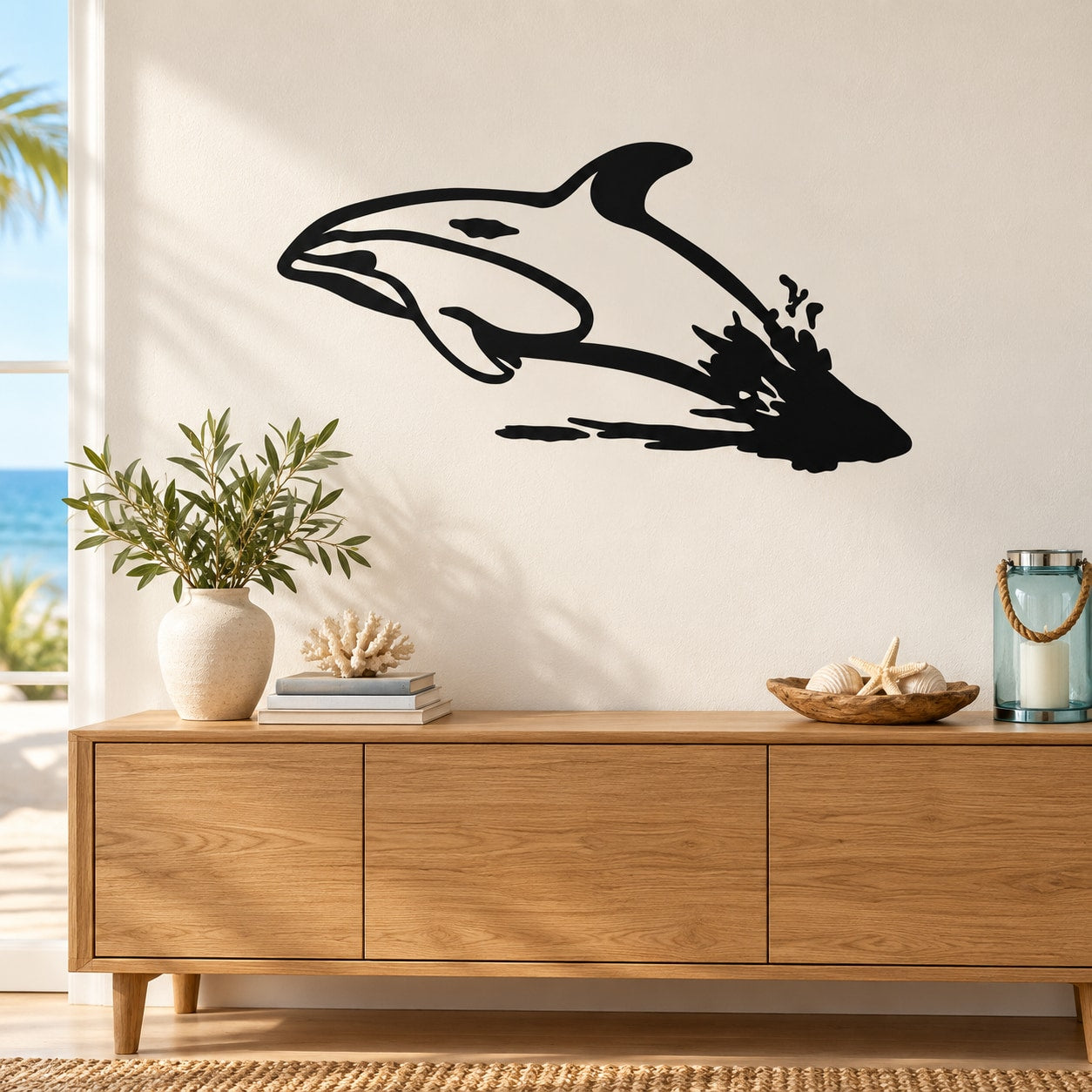 Dolphin jumping out of water wall decal in black and white, splash detail