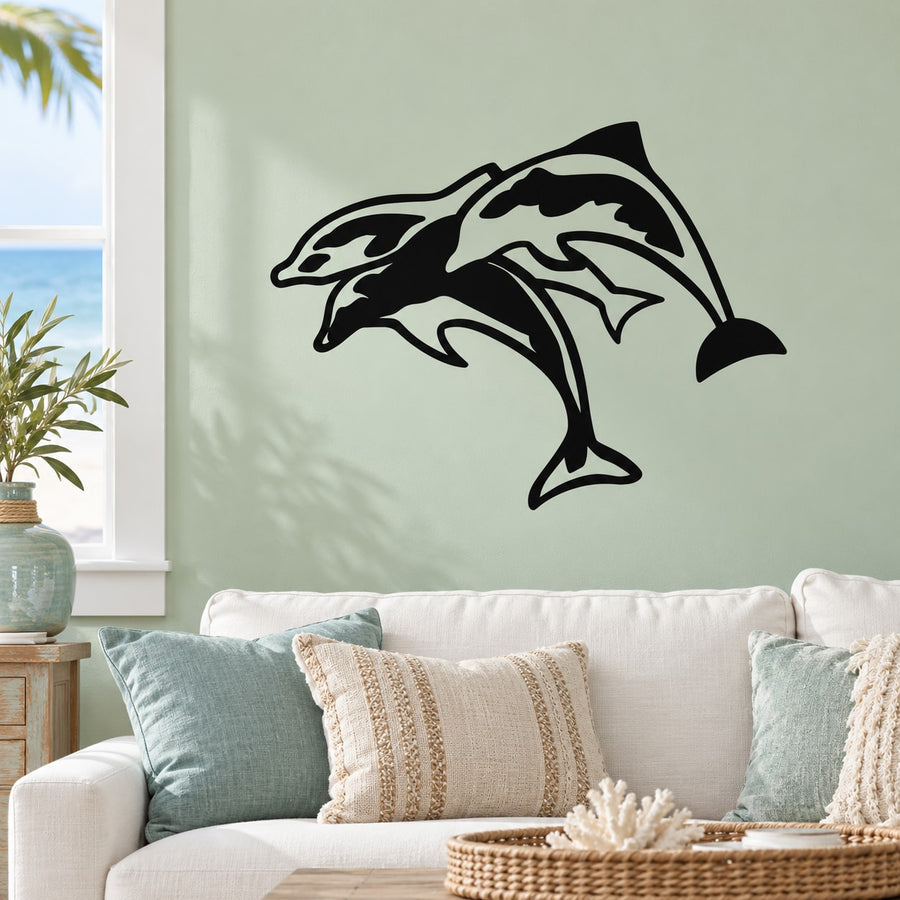 Three black dolphins jumping wall decal with bold outline