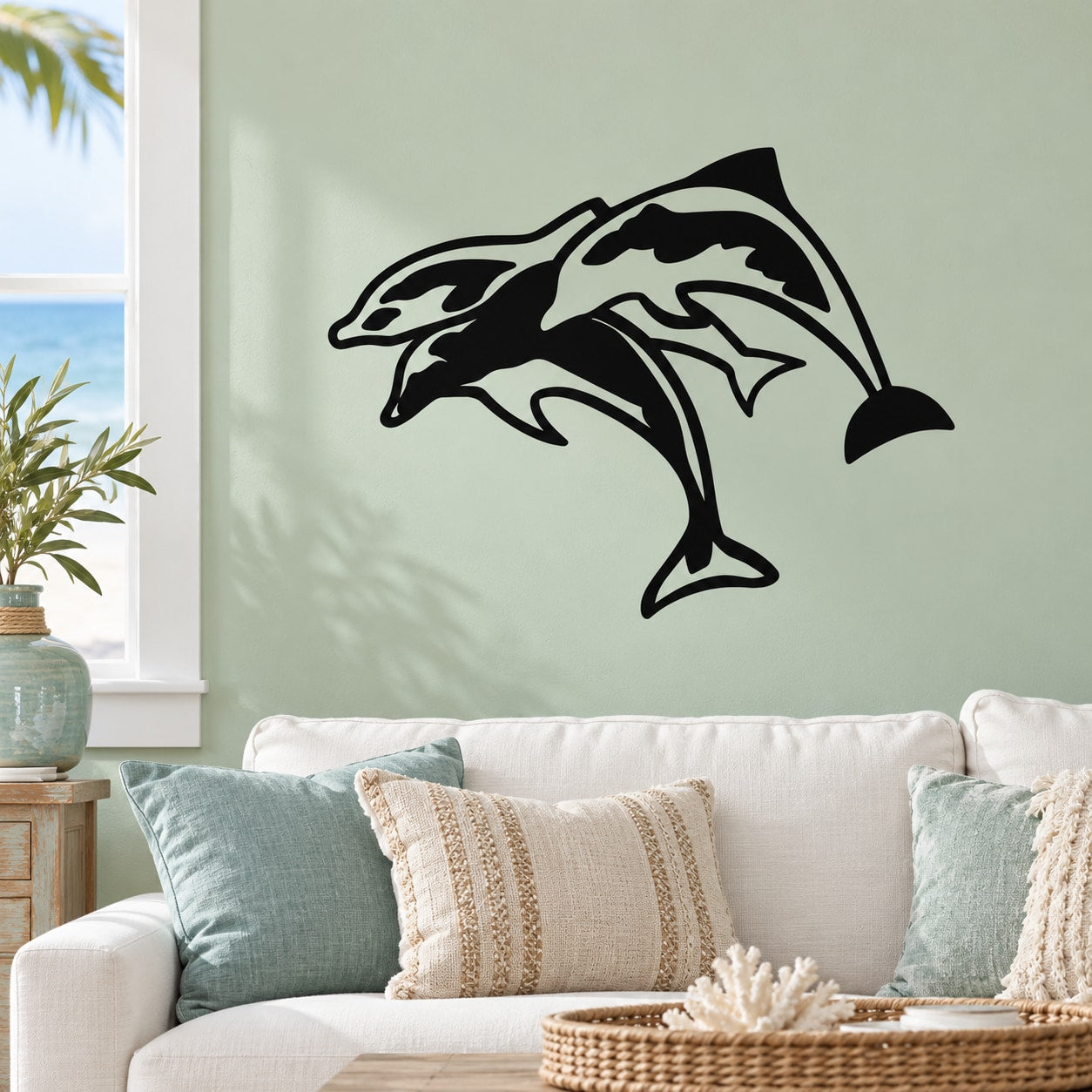 Three black dolphins jumping wall decal with bold outline