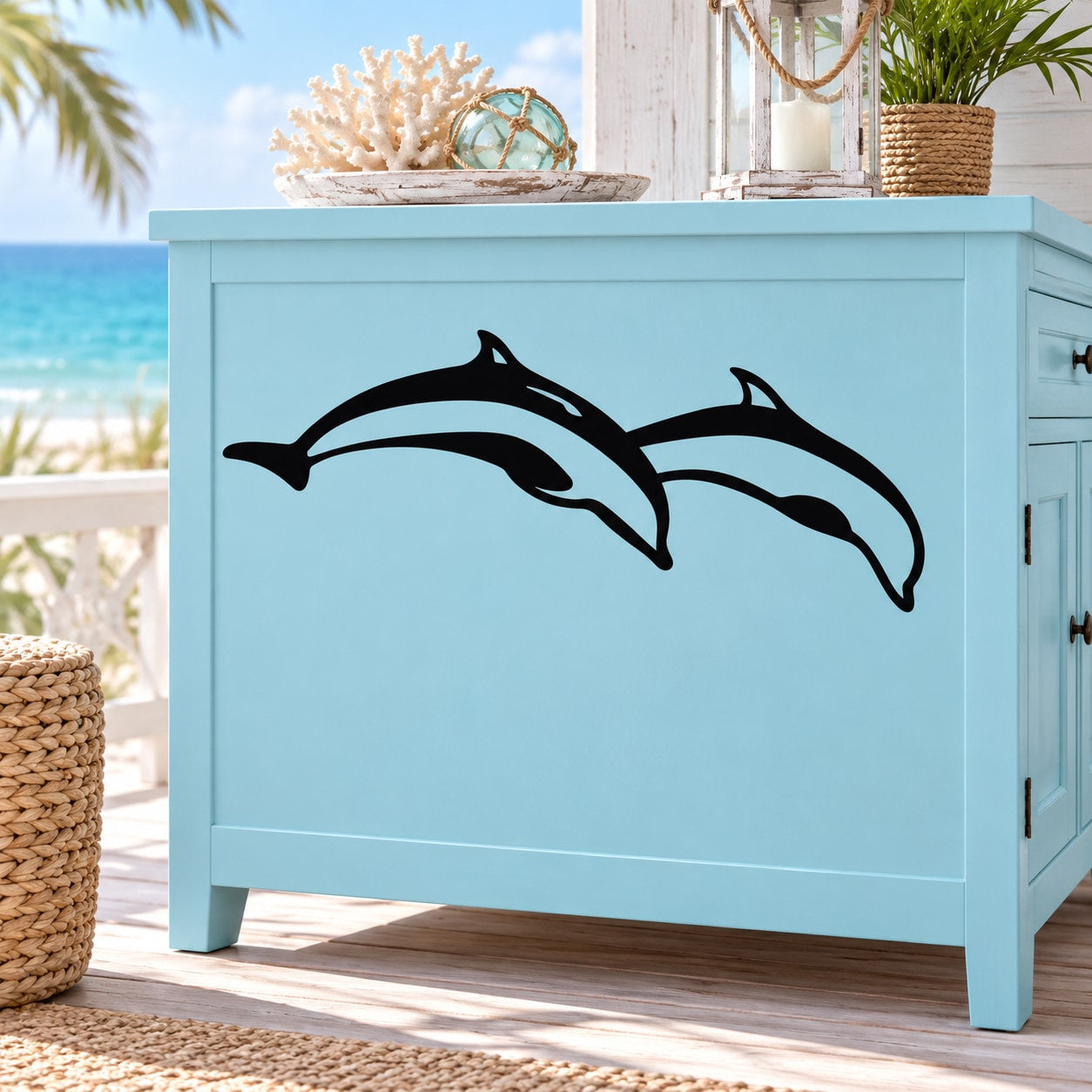 Two dolphins diving decal with two black dolphin silhouettes