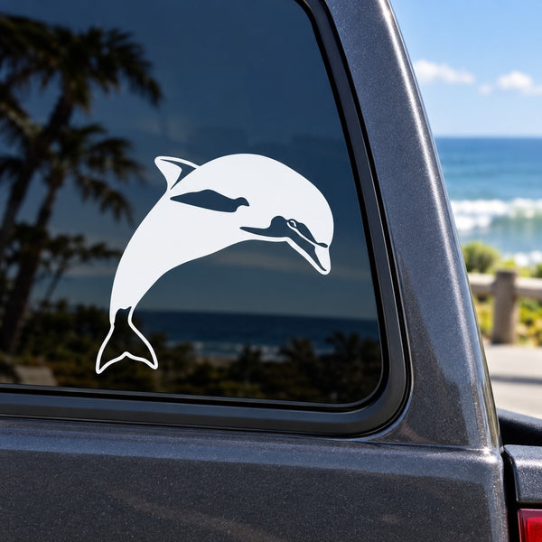 White dolphin looking decal sticker for vehicle window, dolphin silhouette in profile