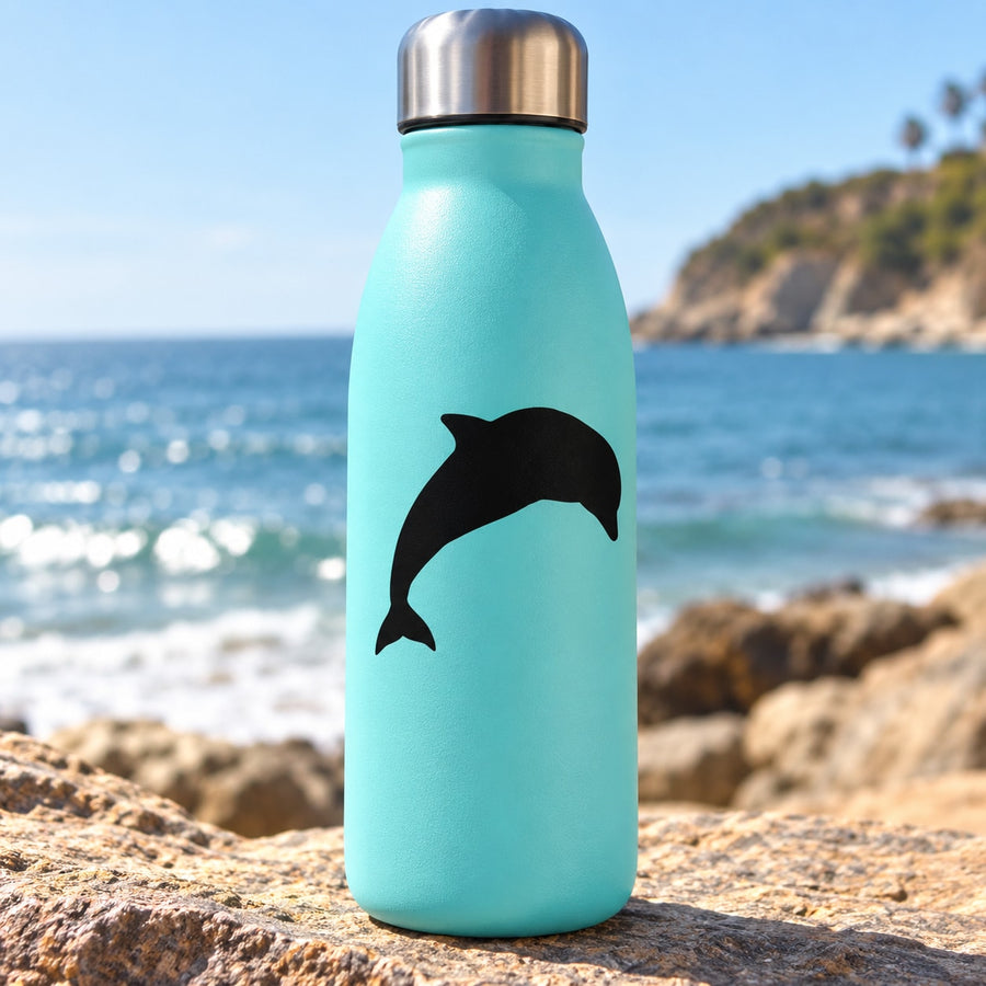 Turquoise water bottle with black dolphin silhouette decal