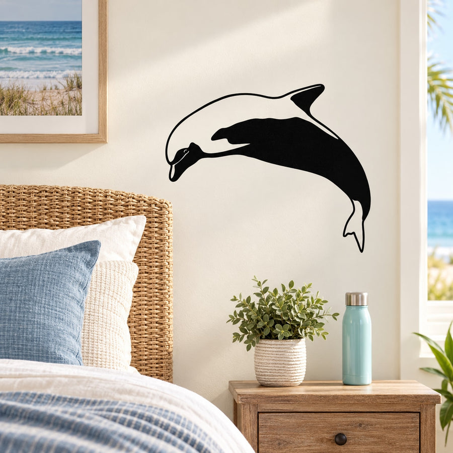 Dolphin high dive wall decal, black dolphin silhouette with curved body and tail fins