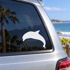 Dolphin high-dive silhouette decal on car window, white