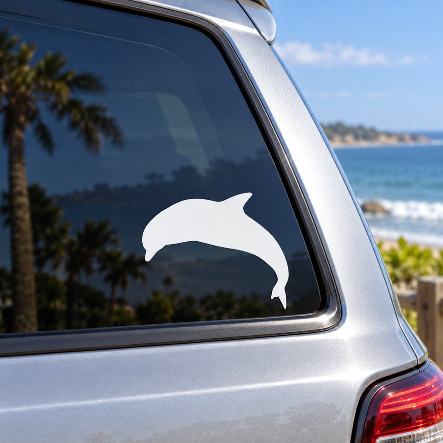 Dolphin high-dive silhouette decal on car window, white