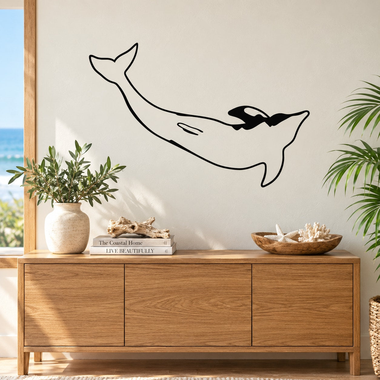 Black dolphin swimming sideways wall decal, single outline graphic