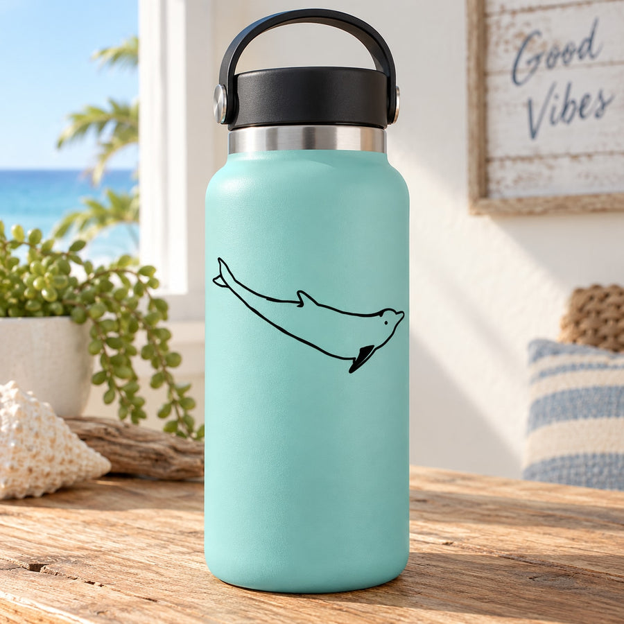 Aqua water bottle with black dolphin decal