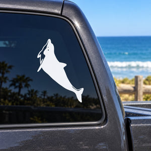 White dolphin swimming up vinyl decal on car window glass