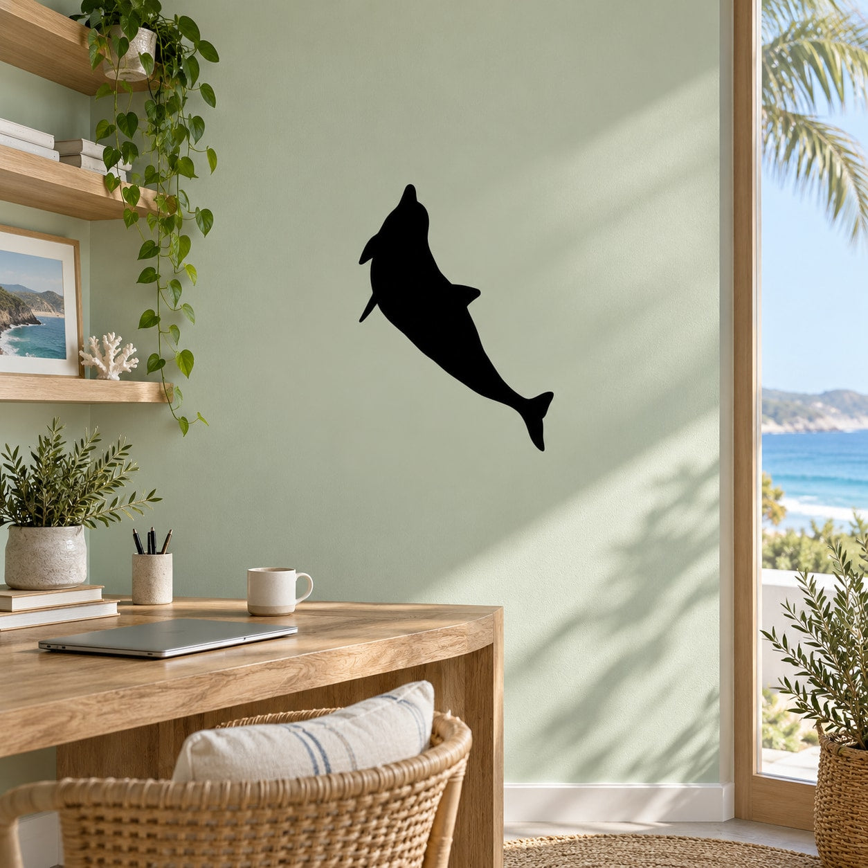 Black dolphin swimming silhouette wall decal, dolphin leaping upward