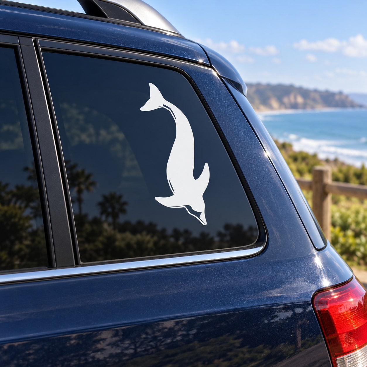 Dolphin swim decal, white dolphin silhouette on car window