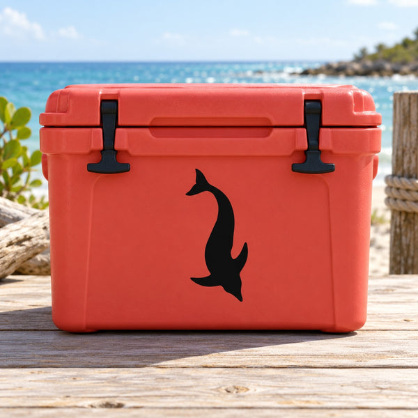 Black dolphin silhouette decal on red cooler-style container