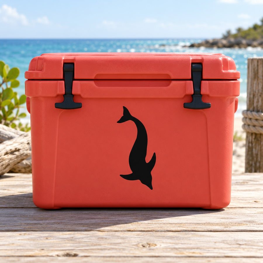 Black dolphin silhouette decal on red cooler-style container