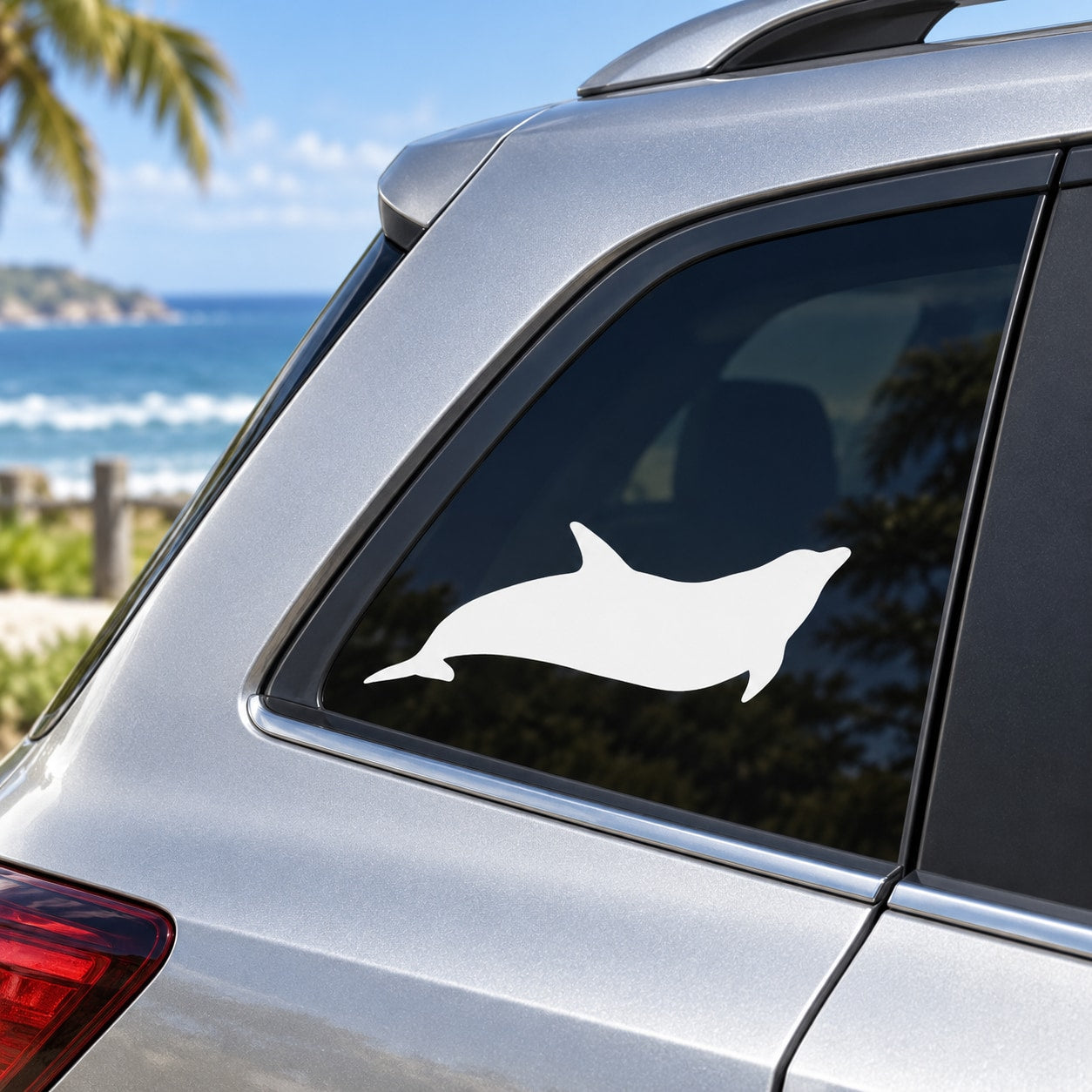 Dolphin glide silhouette car window decal, white dolphin shape on glossy surface