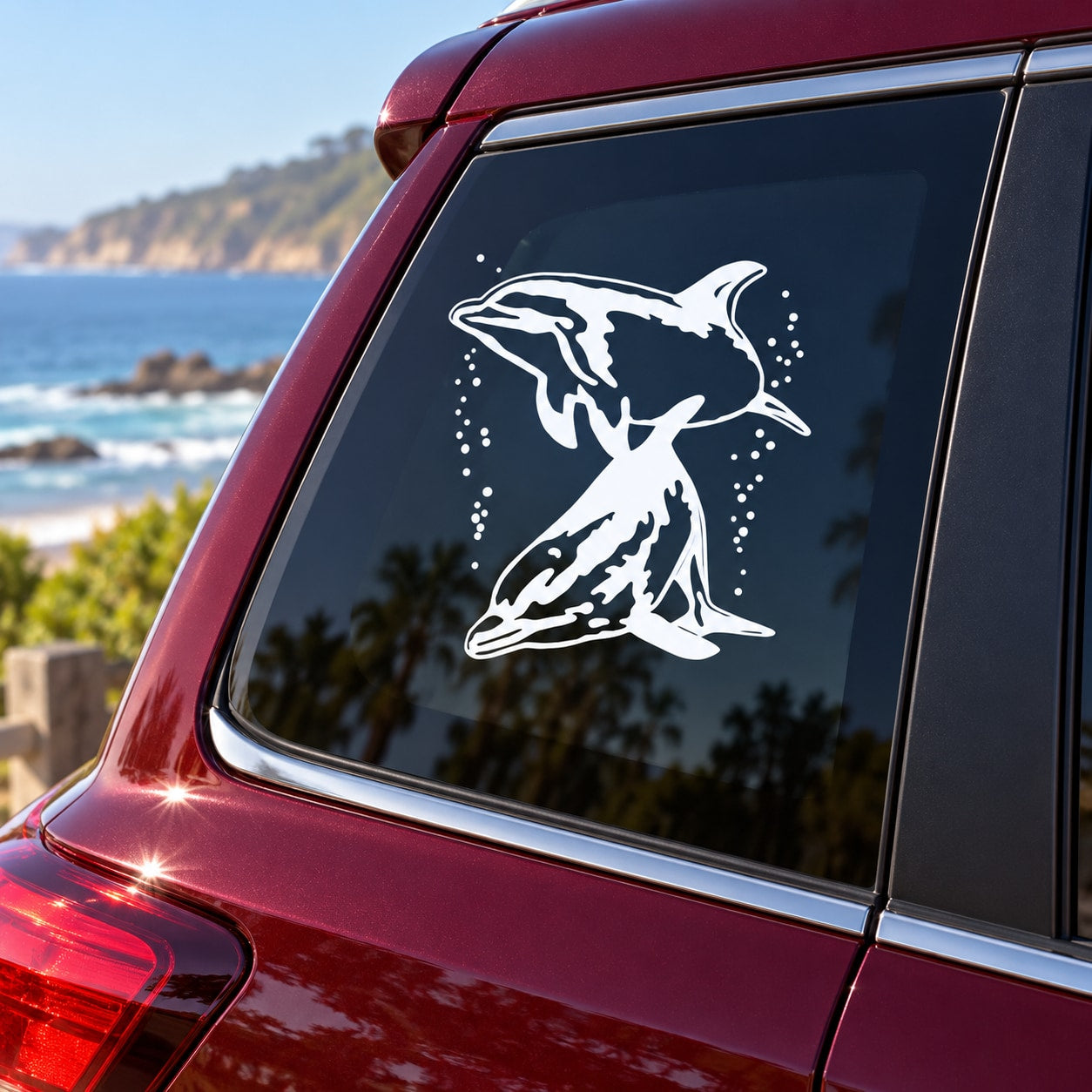 Car window dolphin decal with bubble details