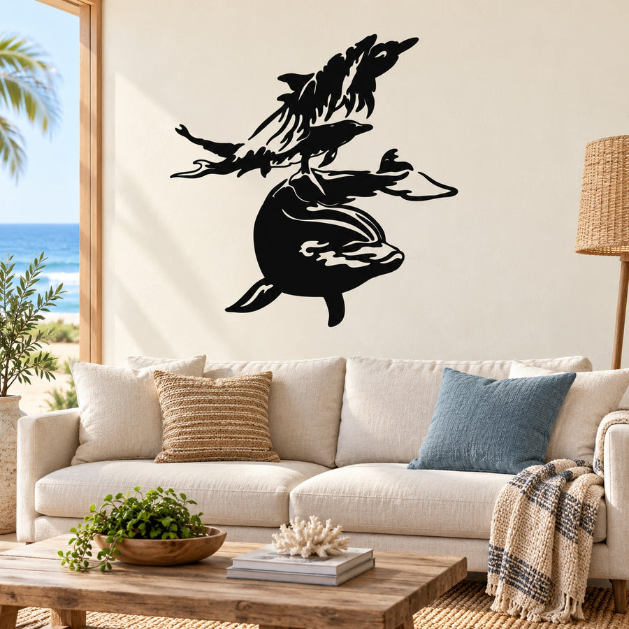 Dolphin scene wall decal with black splashing dolphin silhouette