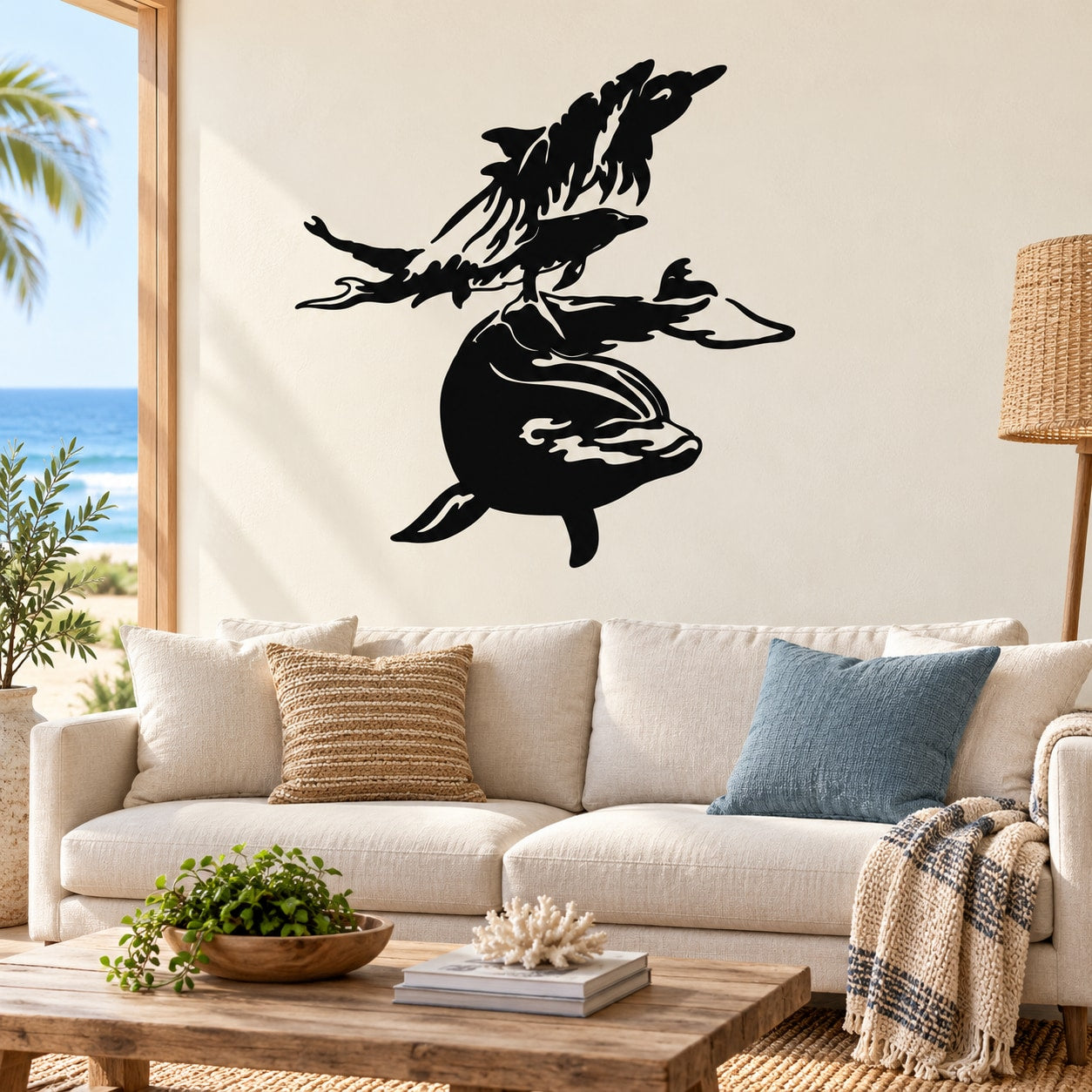 Dolphin scene wall decal with black splashing dolphin silhouette